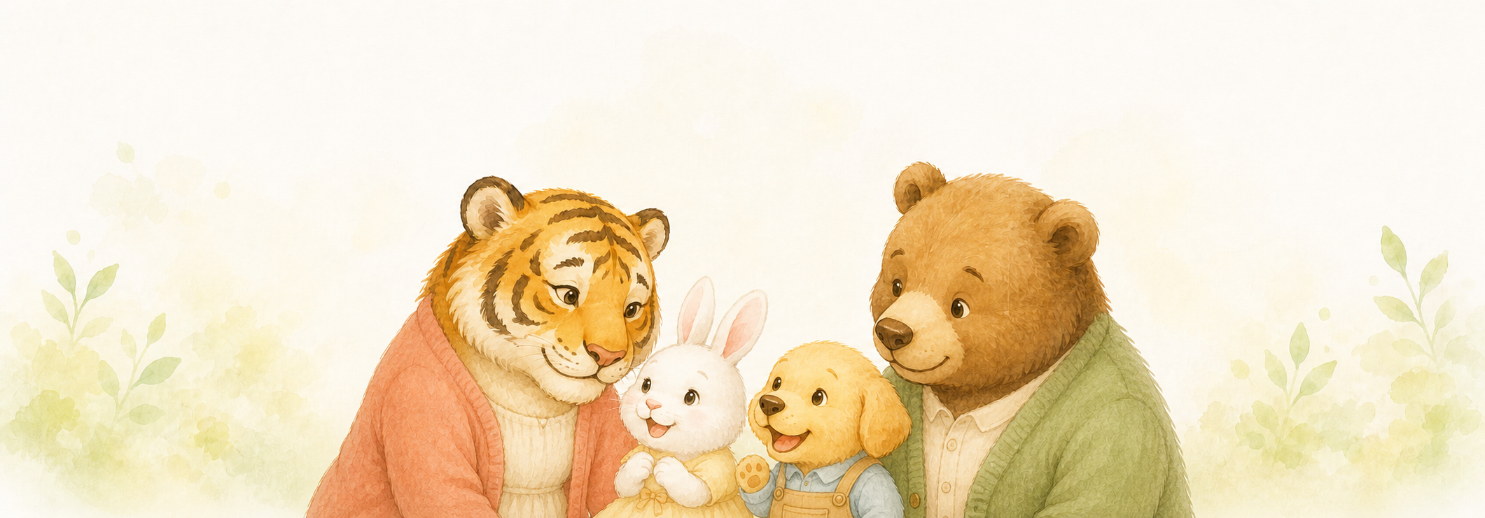 トラのお母さん、クマのお父さん、白いうさぎと子犬の家族を描いた水彩画