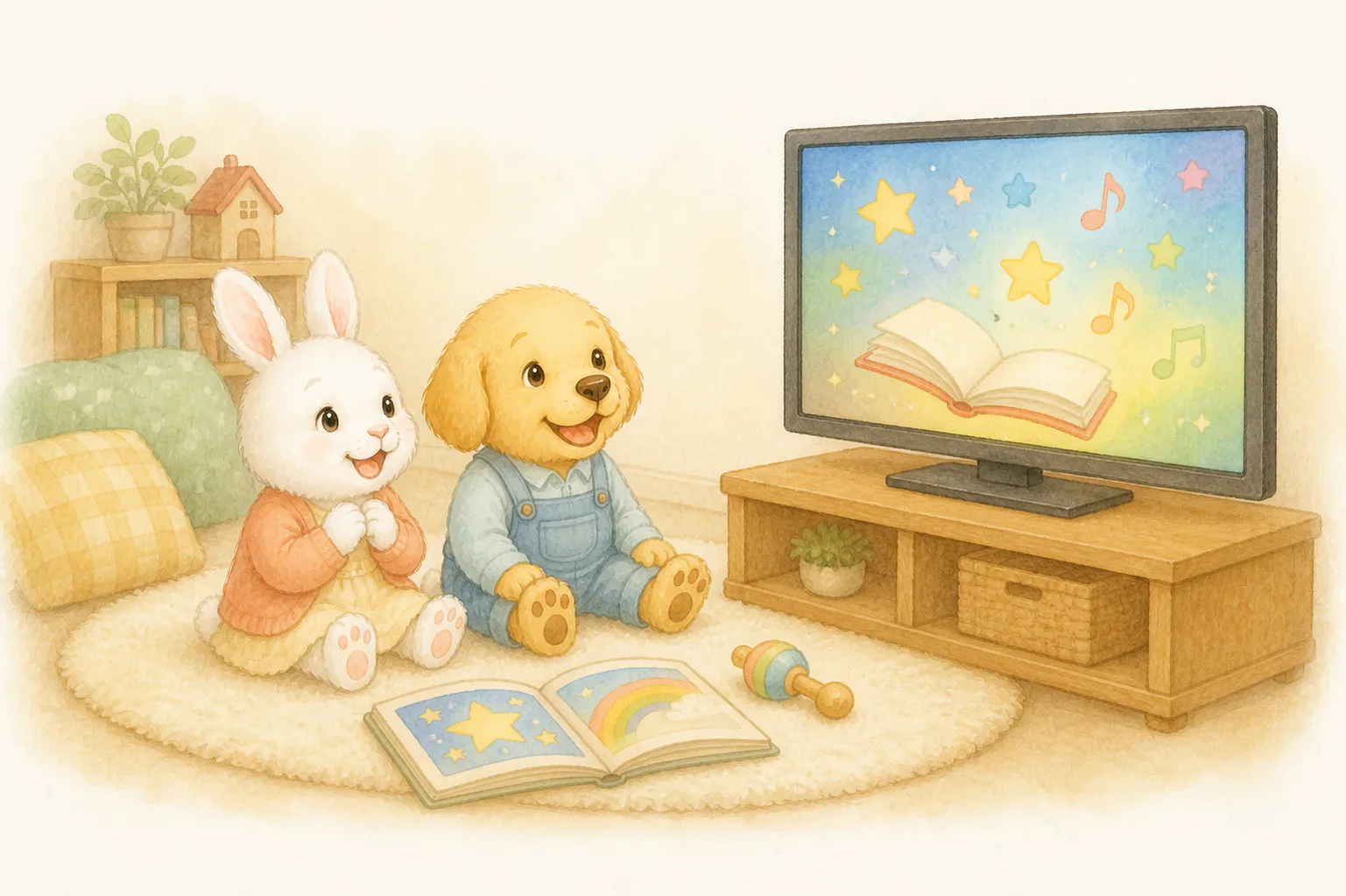 絵本の世界が映るテレビを、うさぎと子犬が楽しむ水彩イラスト