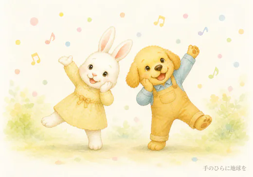 エビカニクスを踊るうさぎと子犬の水彩イラスト