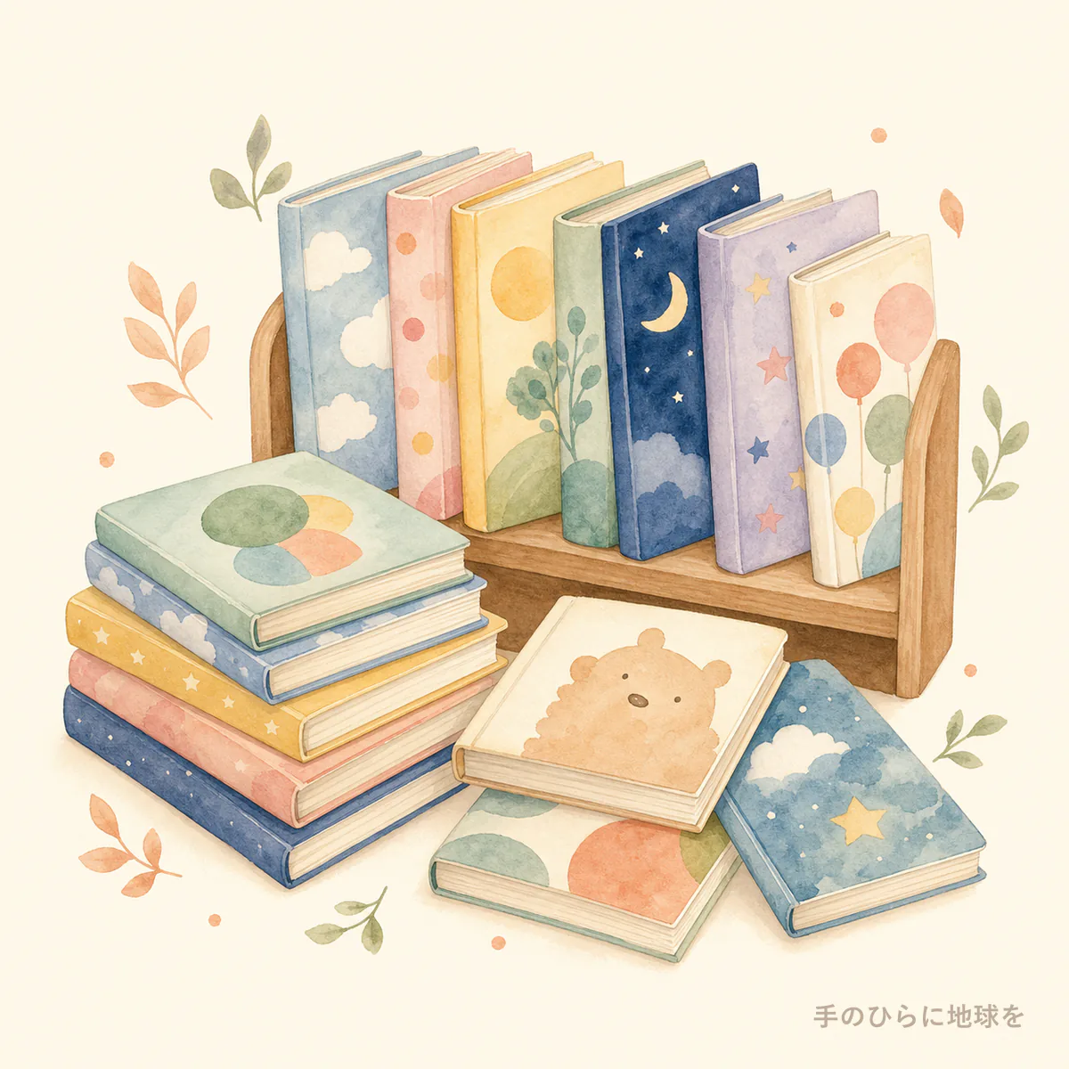 色とりどりの絵本が並ぶ水彩イラスト