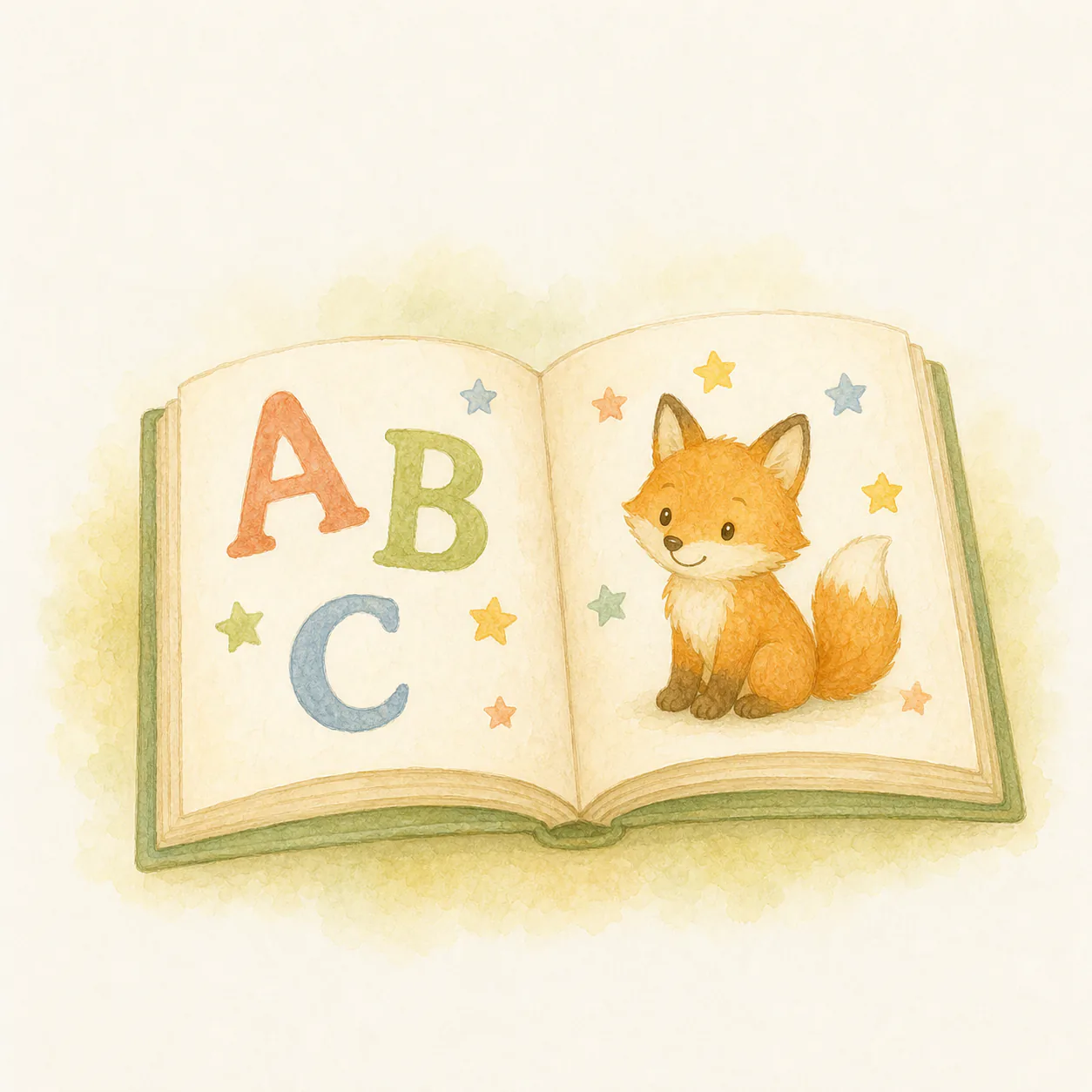 英語の文字ときつねが描かれた小さな絵本のイラスト