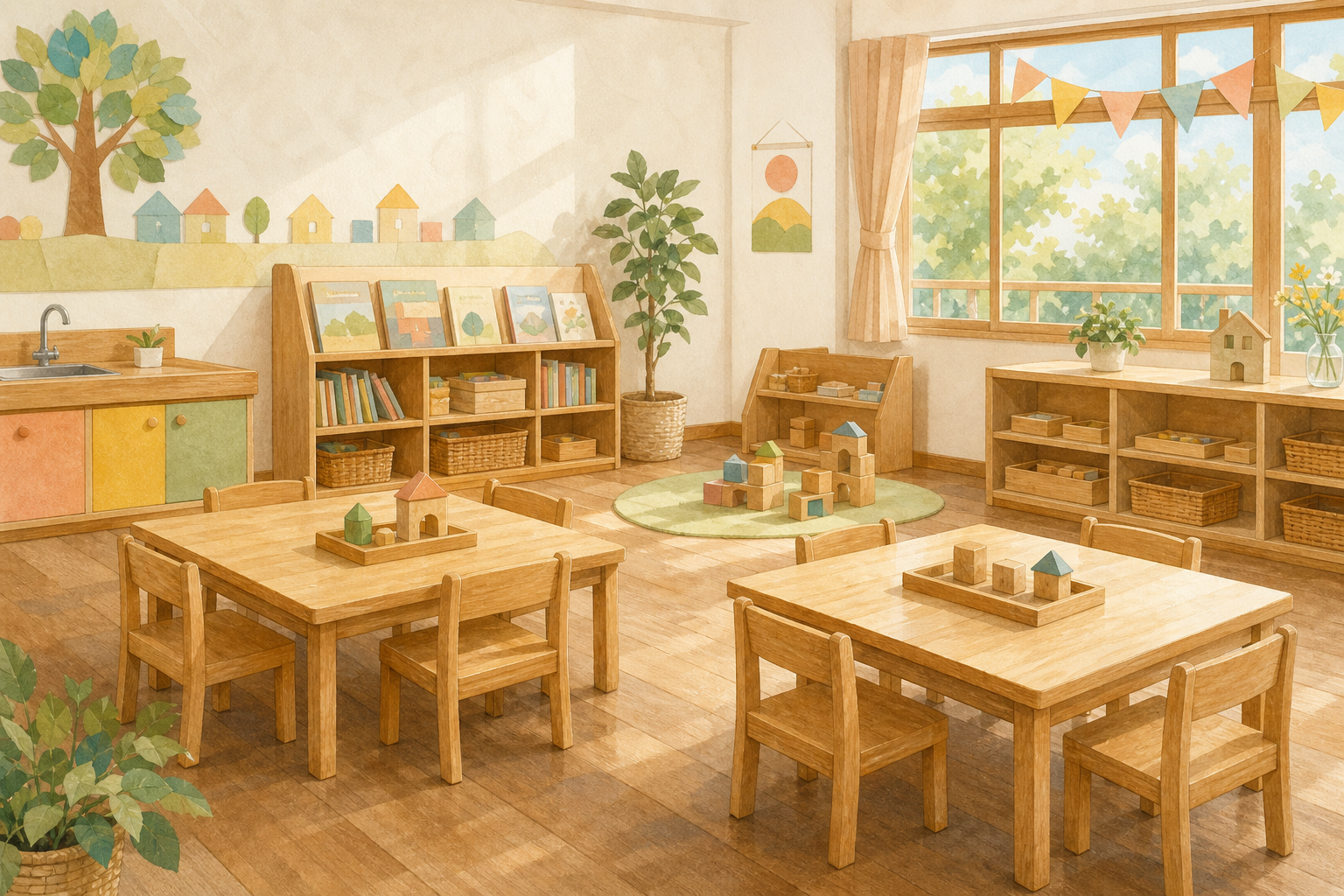 木の机と窓のある幼稚園の教室