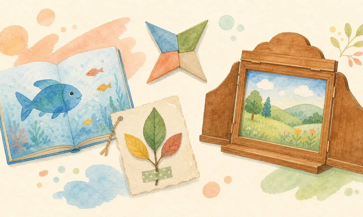 魚の図鑑、紙の手裏剣、落ち葉工作、紙芝居が並ぶ絵本風のイラスト