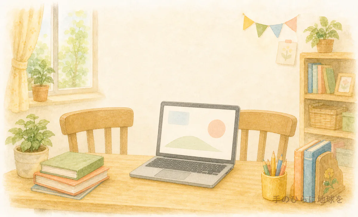 ノートパソコンと学習道具が置かれた水彩イラスト