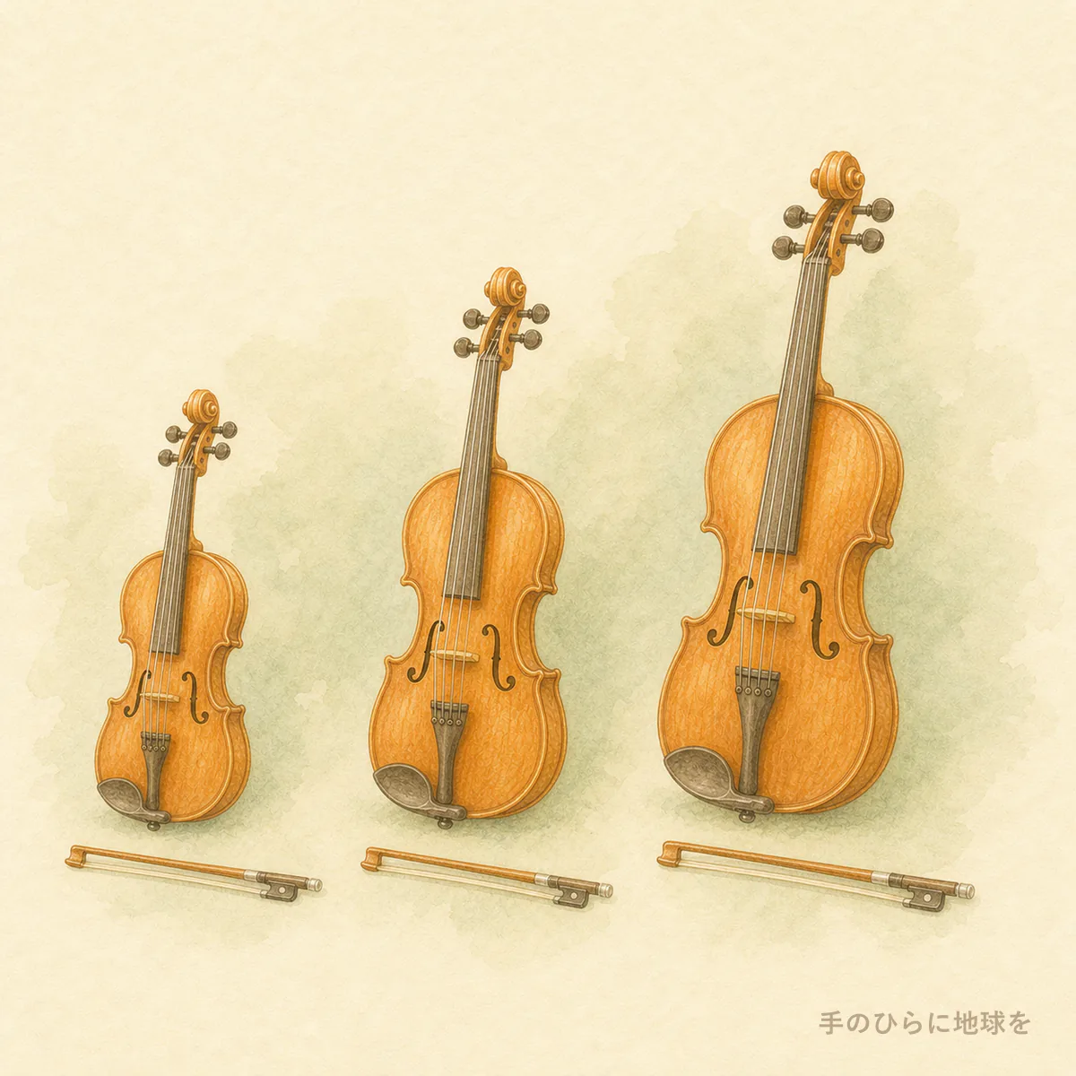 大きさの異なる3台のバイオリンの挿絵