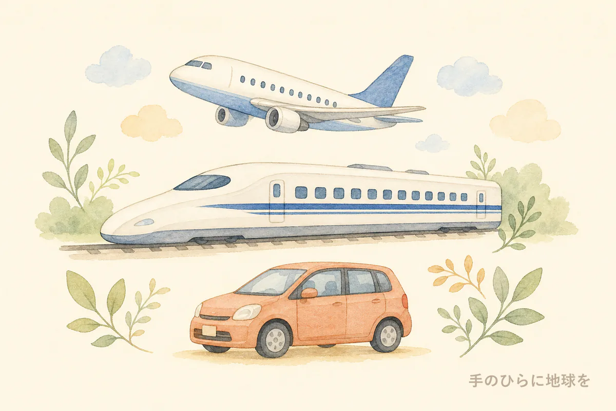 飛行機と新幹線、車の水彩イラスト