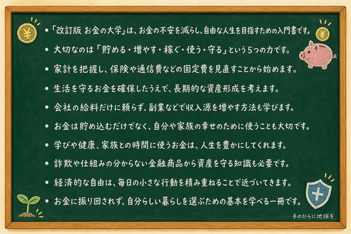 『改訂版 お金の大学』の要点をチョークで書いた黒板のイラスト